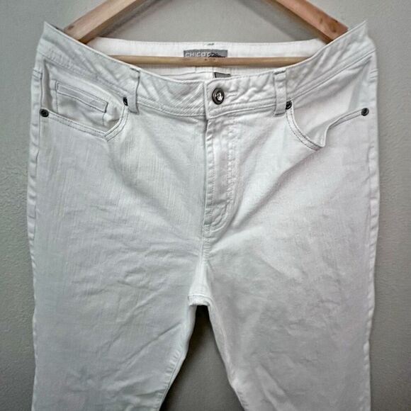 CHICO'S PLATINUM | White Denim Jacket Pants Set Rhinestone Button | Size 3, XL 1 - Picture 2 of 8